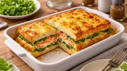 Croque-cake gratiné au saumon fumé et aux épinards coupé en parts, révélant un cœur fondant et crémeux dans un plat de cuisson.