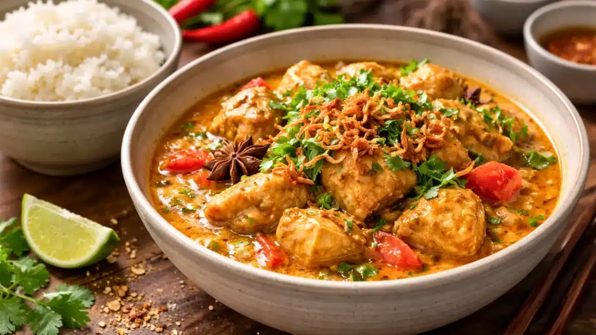 Bol de curry thaï au poulet nappé d’une sauce coco au gingembre, garni de coriandre fraîche et d’échalotes croustillantes, servi avec du riz gluant et un quartier de citron vert.