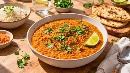 Bol de dahl de lentilles corail au lait de coco avec coriandre fraîche et quartier de citron vert, accompagné de riz et naan