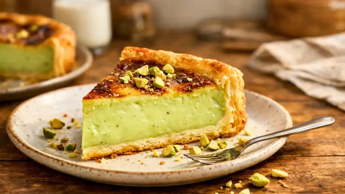 Part épaisse de flan à la pistache avec crème verte onctueuse et pâte feuilletée dorée, servie sur une assiette en lumière naturelle.