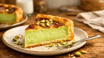 Part épaisse de flan à la pistache avec crème verte onctueuse et pâte feuilletée dorée, servie sur une assiette en lumière naturelle.