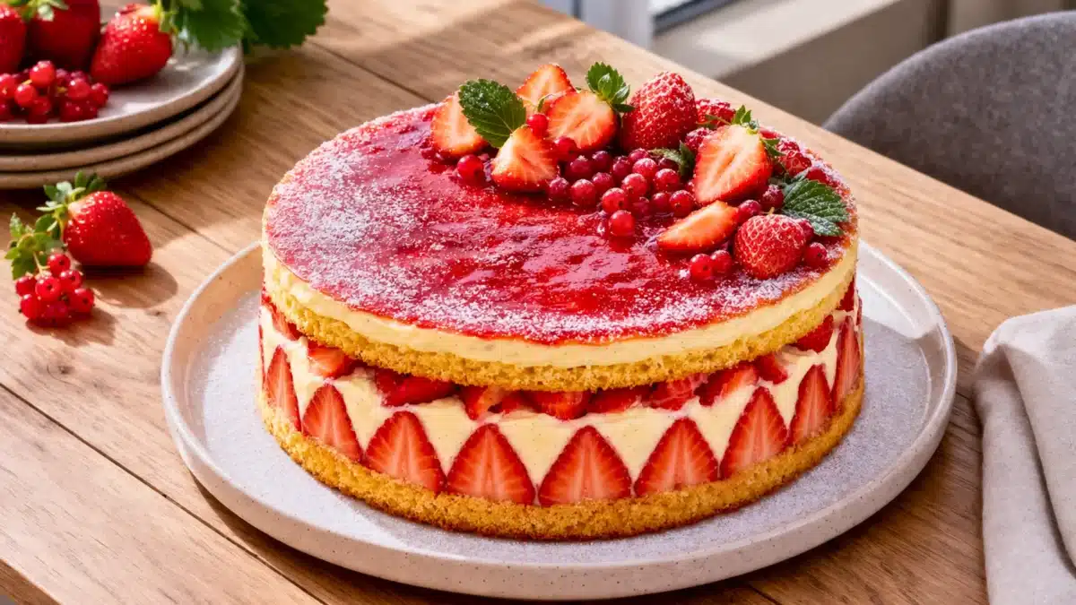 Fraisier de Pâques maison avec fraises fraîches, crème vanille et nappage rouge brillant