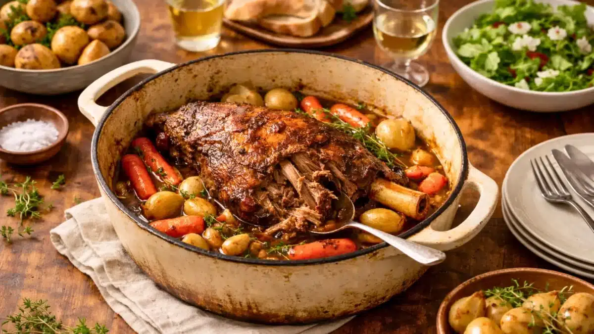Un gigot d’agneau confit après 7 heures de cuisson, servi dans une cocotte rustique avec carottes fondantes, oignons, ail et thym.