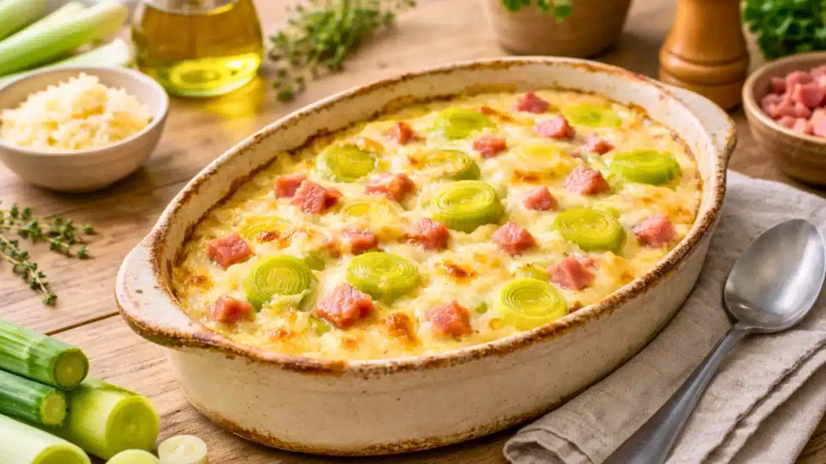 Gratin de poireaux au jambon dans un plat en céramique, avec béchamel crémeuse, rondelles de poireaux et dés de jambon légèrement gratinés.