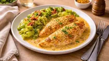 Filets de poulet à la moutarde à l’ancienne servis avec une fondue de poireaux et des lardons dans une sauce crémeuse.