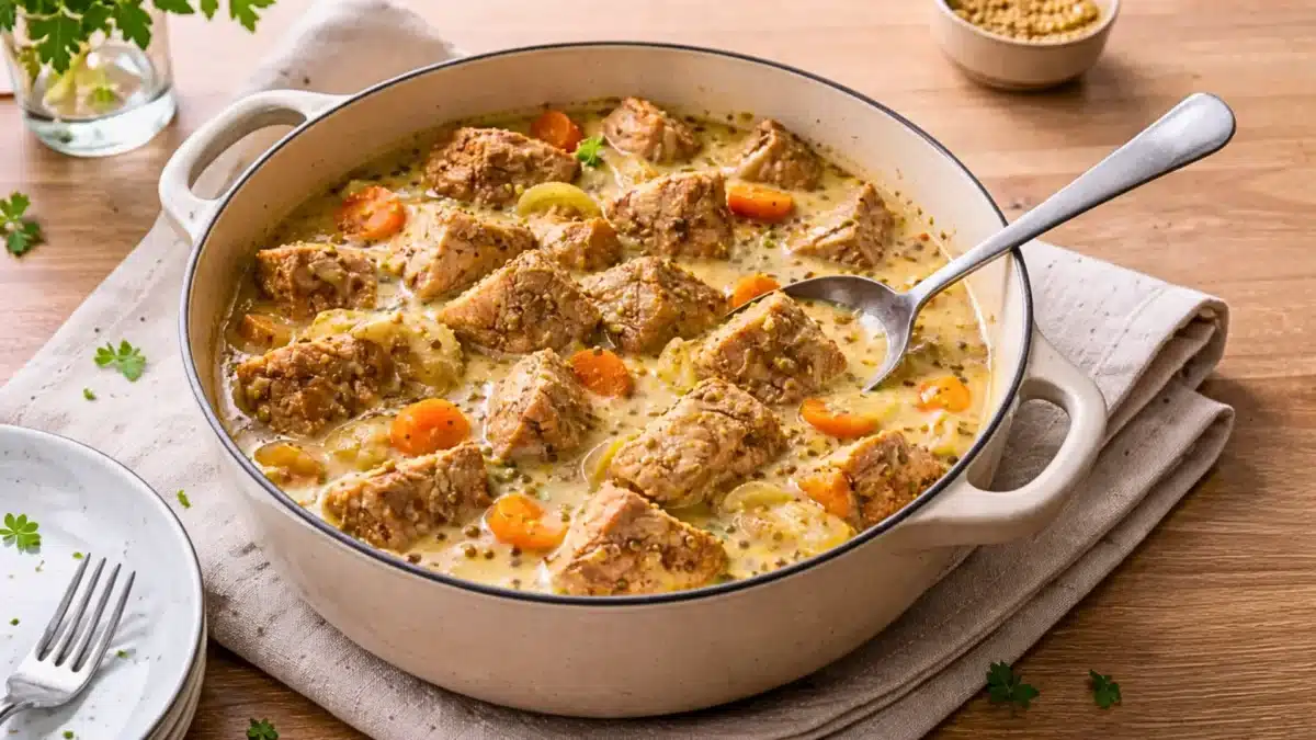 Sauté de porc ultra fondant à la crème et moutarde avec carottes servi dans une cocotte