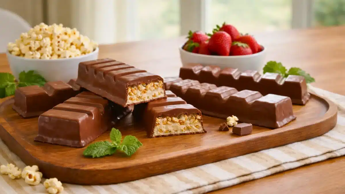 Barres chocolatées maison au chocolat au lait, garnies d’un cœur lacté et de riz soufflé, présentées sur un plateau en bois.