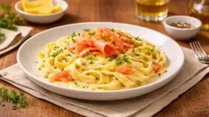 Une assiette de tagliatelles crémeuses au saumon fumé et mascarpone, garnies d’aneth, de ciboulette et de zeste de citron, servie sur une table soignée.