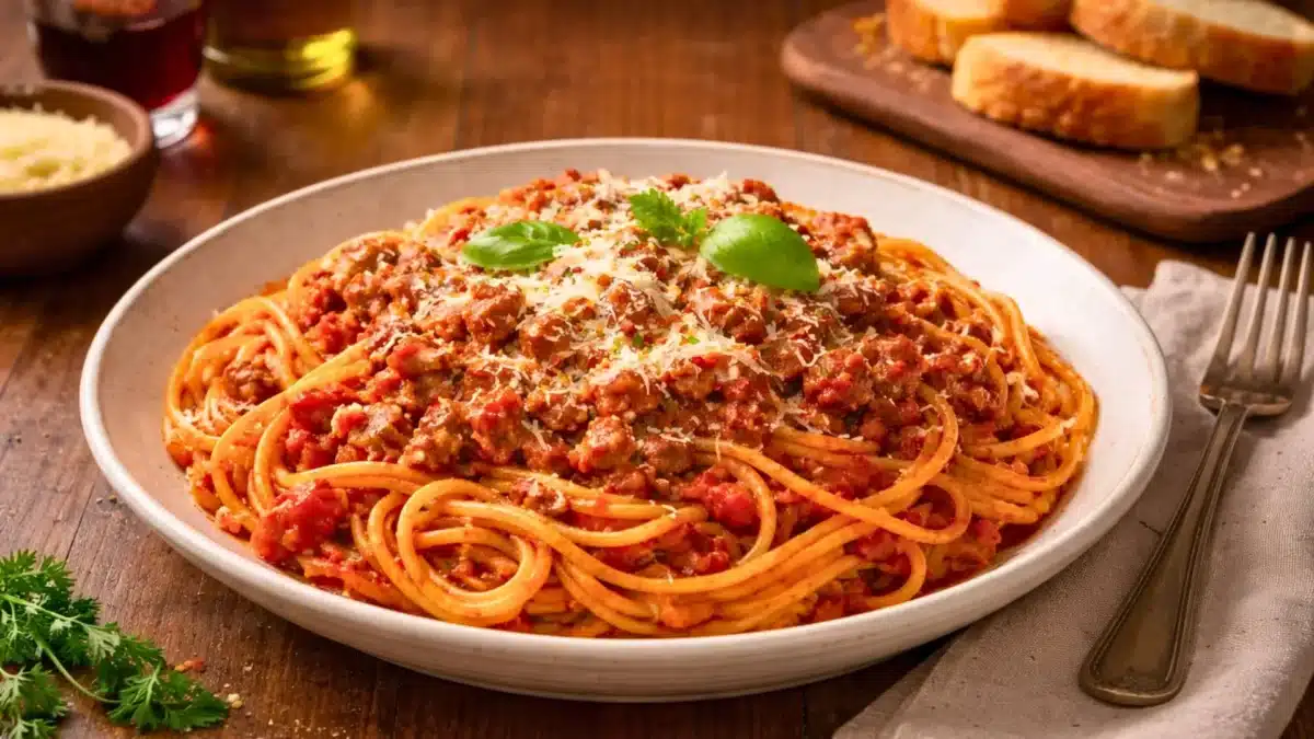 Une assiette généreuse de spaghettis bolognaise avec sauce tomate à la viande, parmesan râpé et basilic, servie sur une table soignée dans une ambiance chaleureuse.
