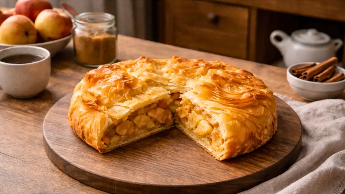 Une croustade aux pommes dorée repose sur un plateau en bois, avec ses feuilles croustillantes et sa garniture fondante visible après découpe.
