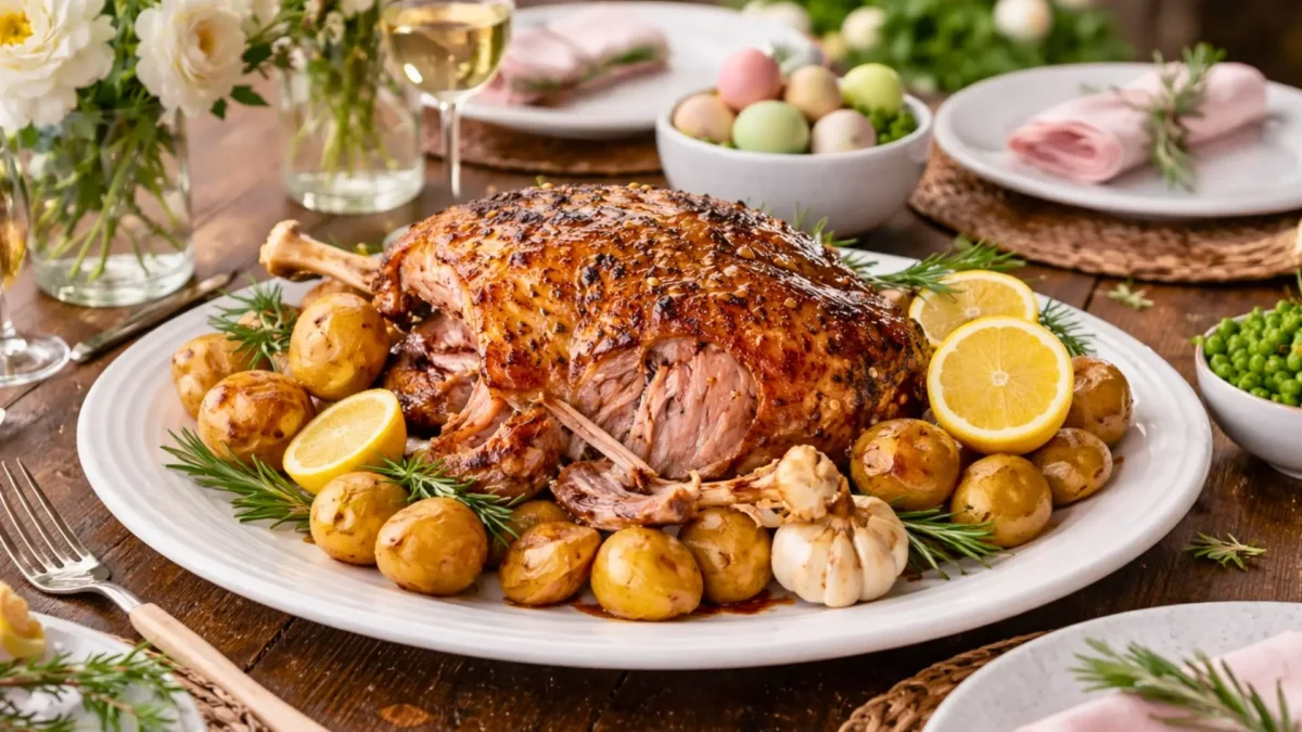 Une épaule d’agneau confite au miel et au citron, dorée et fondante, servie avec des pommes de terre grenaille, de l’ail rôti et du romarin sur une table de Pâques élégante.