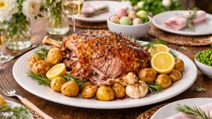 Une épaule d’agneau confite au miel et au citron, dorée et fondante, servie avec des pommes de terre grenaille, de l’ail rôti et du romarin sur une table de Pâques élégante.