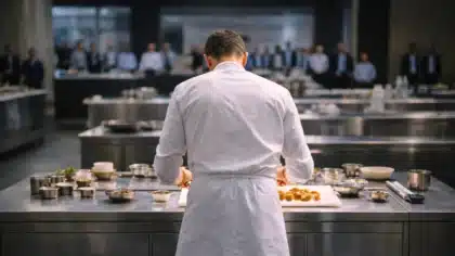 Chef pâtissier vu de dos en train de dresser un dessert lors d’un concours culinaire professionnel