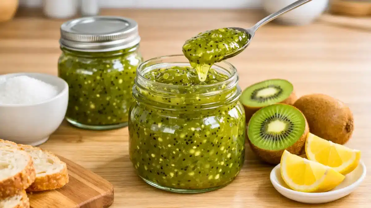 Pot de confiture de kiwis maison brillante avec morceaux de fruits, cuillère, kiwis frais et quartiers de citron sur table en bois