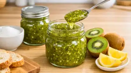 Pot de confiture de kiwis maison brillante avec morceaux de fruits, cuillère, kiwis frais et quartiers de citron sur table en bois