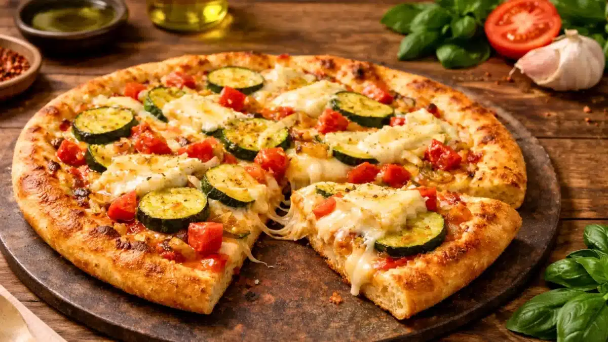 Pizza aux courgettes, tomates et Brie fondant, vue à 45 degrés, servie sur un plateau propre avec décor gourmand en arrière-plan.