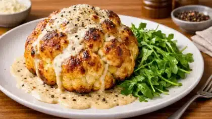 Chou-fleur rôti entier gratiné avec sauce crémeuse au pecorino et poivre, servi avec roquette