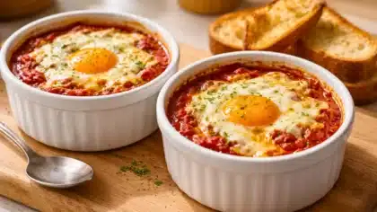 Œufs cuits au four dans une sauce tomate gratinée avec fromage, servis dans des ramequins avec pain grillé