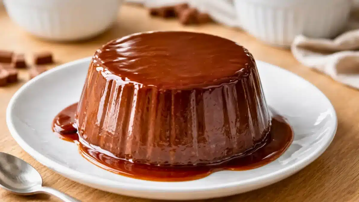 Flamby au chocolat maison nappé de caramel brillant servi sur une assiette blanche