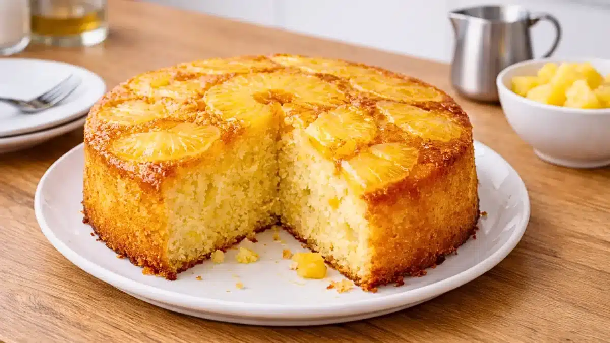 Gâteau à l’ananas doré et moelleux, coupé en part, préparé avec du lait concentré sur une assiette blanche