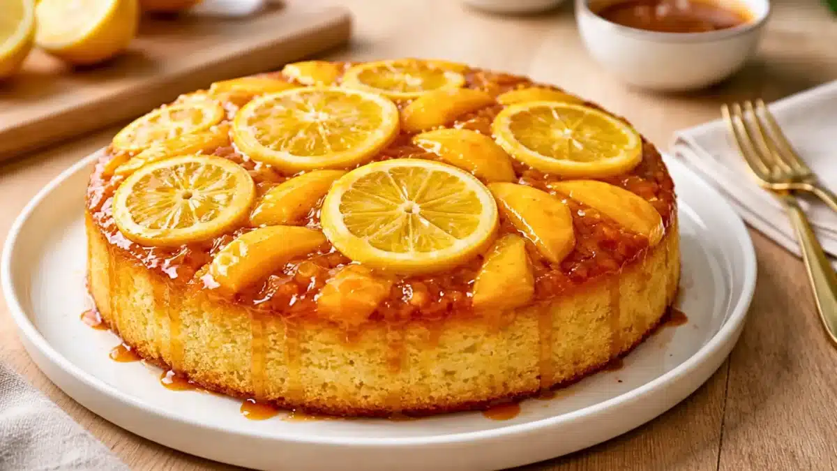 Gâteau renversé citron mangue avec rondelles de citron et mangue caramélisée sur un gâteau moelleux