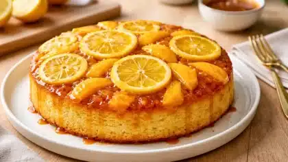 Gâteau renversé citron mangue avec rondelles de citron et mangue caramélisée sur un gâteau moelleux