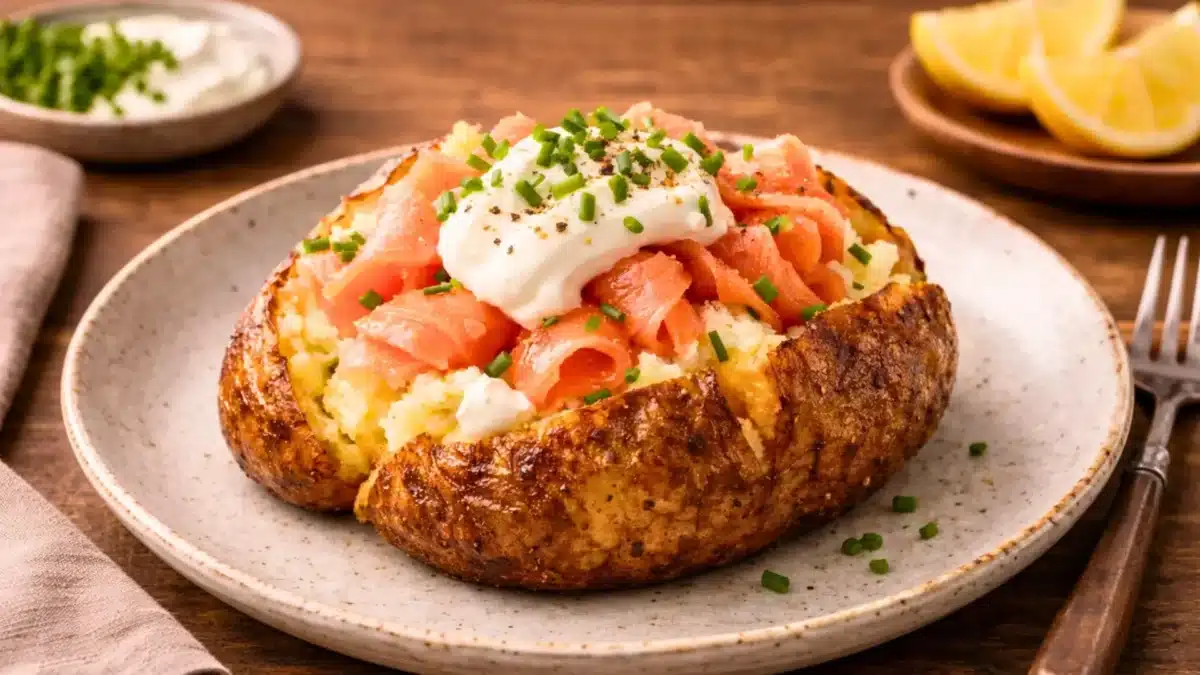 Une jacket potato croustillante garnie de saumon fumé, de crème fraîche épaisse et de ciboulette, servie dans une assiette propre sur une table en bois.