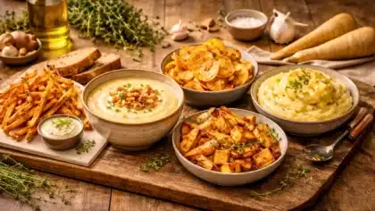 Cinq préparations gourmandes de panais disposées sur une table rustique : frites croustillantes, velouté, chips, purée crémeuse et panais rôtis caramélisés.