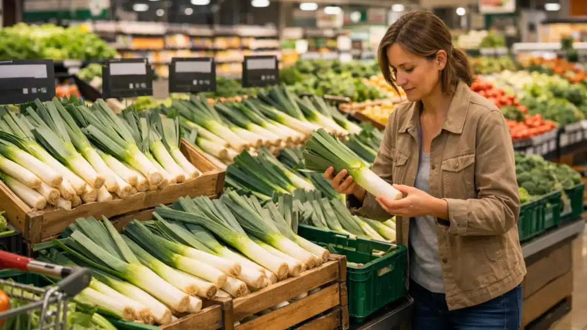 Cliente choisissant des poireaux français frais au rayon fruits et légumes d’un supermarché.