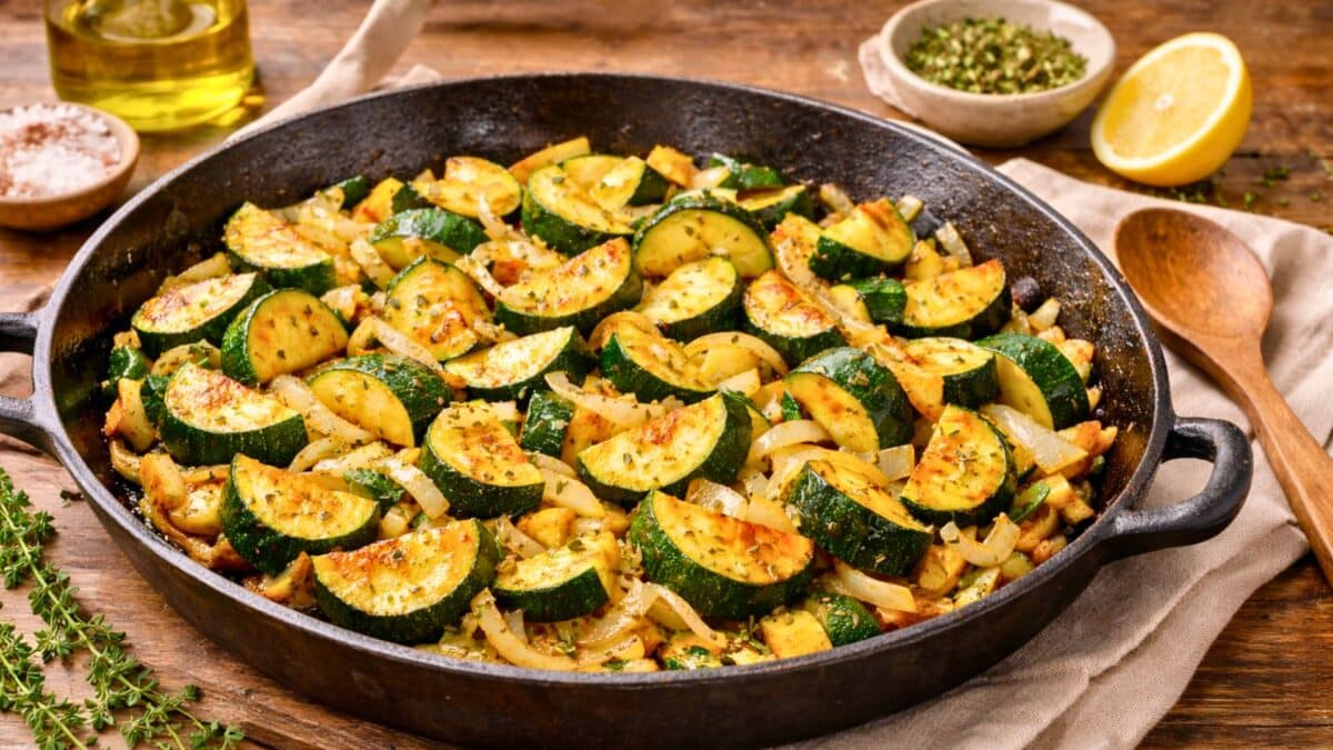 Une poêlée de courgettes dorées avec oignons fondants et herbes de Provence, servie dans une grande poêle rustique sur une table soignée.