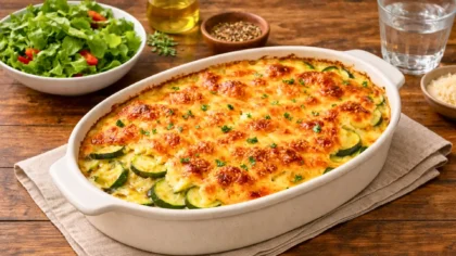 Un gratin de courgettes doré et crémeux, servi dans un grand plat en céramique sur une table rustique, avec une salade verte en arrière-plan.