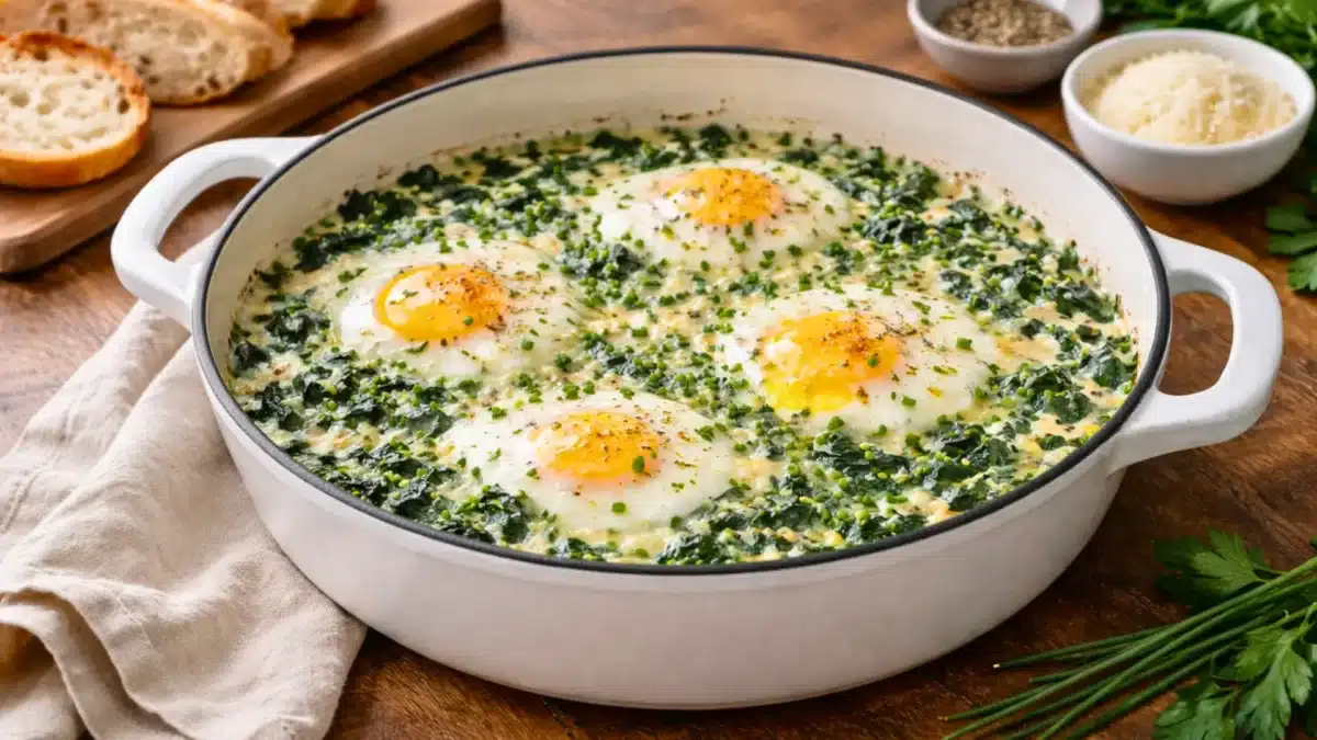 Œufs à la florentine gratinés dans une cocotte blanche avec épinards crémeux et jaunes d’œufs coulants sur table en bois
