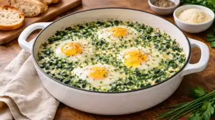 Œufs à la florentine gratinés dans une cocotte blanche avec épinards crémeux et jaunes d’œufs coulants sur table en bois