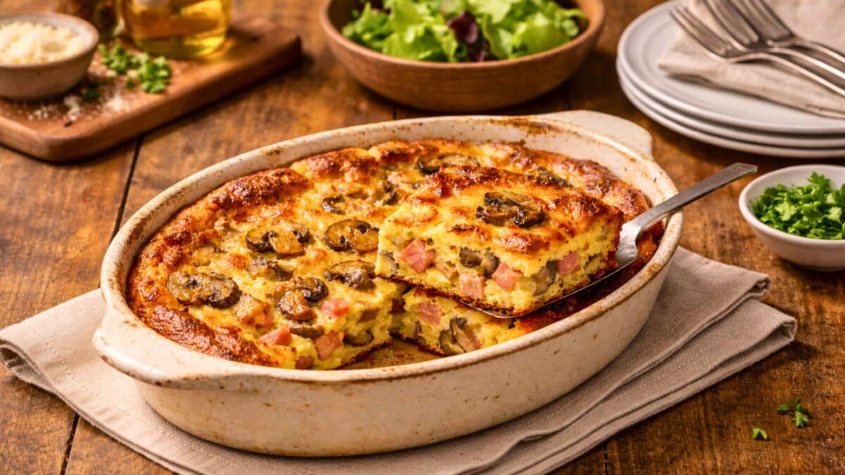 Un clafoutis salé aux champignons et au jambon, bien doré, servi dans un plat en céramique rustique sur une table soigneusement dressée.