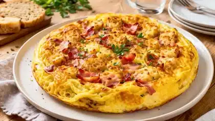 Omelette épaisse aux lardons fumés et croûtons de pain rassis dorés, servie sur une assiette