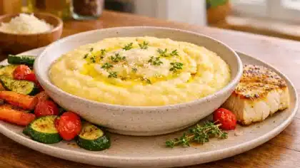 Bol de polenta crémeuse à l’huile d’olive, servie avec légumes rôtis et poisson grillé