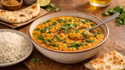 Un bol de dahl ultra crémeux aux lentilles corail et épinards, servi avec du riz basmati et du naan sur une table soignée.