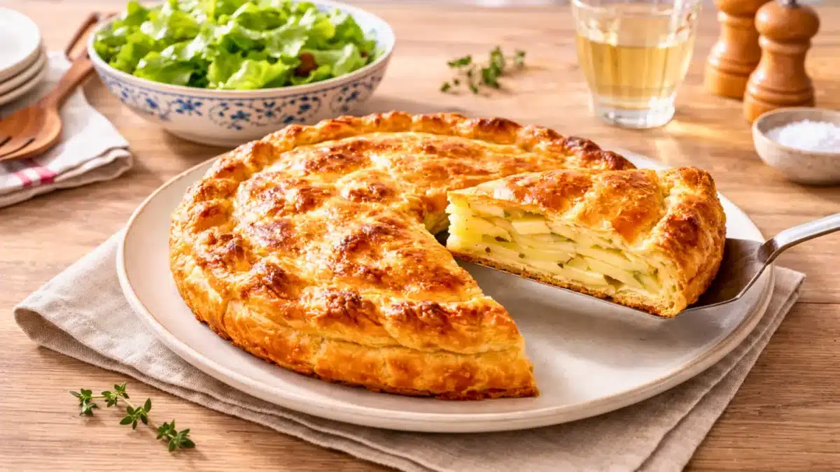 Une tourte rustique aux pommes de terre dorée, dont une part est soulevée pour révéler de fines couches de pommes de terre à l’intérieur.