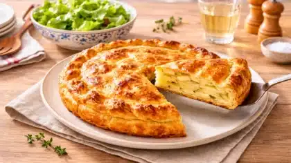 Une tourte rustique aux pommes de terre dorée, dont une part est soulevée pour révéler de fines couches de pommes de terre à l’intérieur.