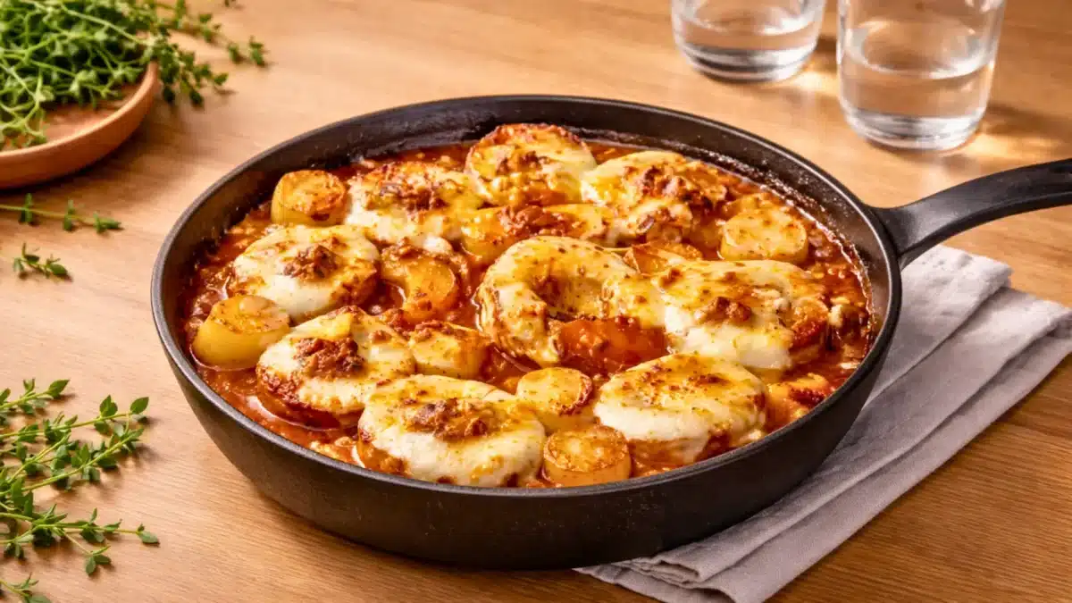 Pommes de terre à la bolognaise dans une poêle, avec mozzarella gratinée et sauce tomate généreuse