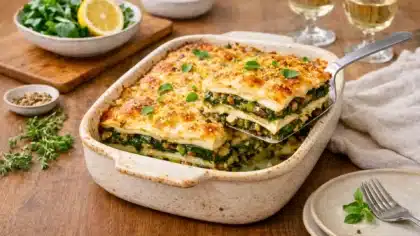 Des lasagnes de printemps aux légumes sont servies dans un plat en céramique rustique, avec une part soulevée révélant des couches nettes de chou-rave, céleri-rave, blette et farce verte gratinée.