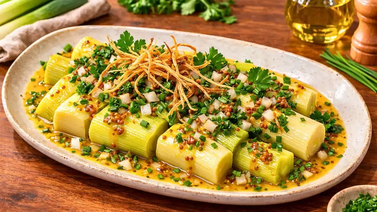 Des poireaux tièdes nappés d’une vinaigrette à la moutarde et au vinaigre de xérès, garnis d’herbes fraîches et d’échalote sur un plat élégant.