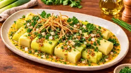 Des poireaux tièdes nappés d’une vinaigrette à la moutarde et au vinaigre de xérès, garnis d’herbes fraîches et d’échalote sur un plat élégant.
