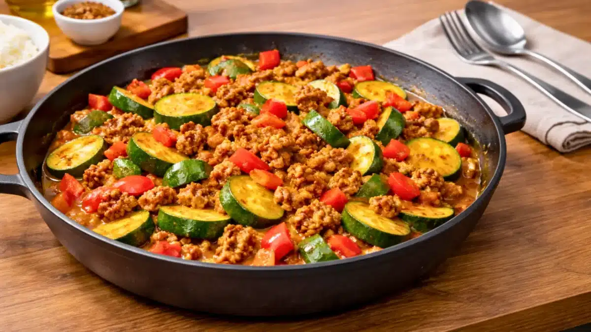 Poêlée de steak haché aux courgettes et poivrons au curry dans une grande poêle