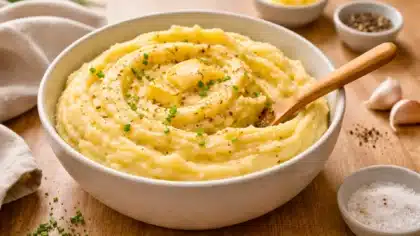 Purée de pommes de terre maison crémeuse avec beurre fondu, ciboulette et poivre