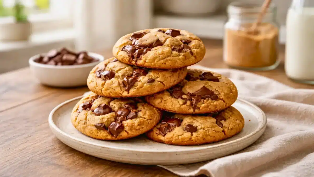 Une pile de cookies au chocolat maison épais et dorés, au cœur fondant, présentés sur une assiette en céramique dans une cuisine lumineuse.