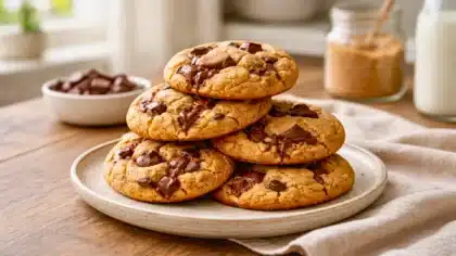 Une pile de cookies au chocolat maison épais et dorés, au cœur fondant, présentés sur une assiette en céramique dans une cuisine lumineuse.
