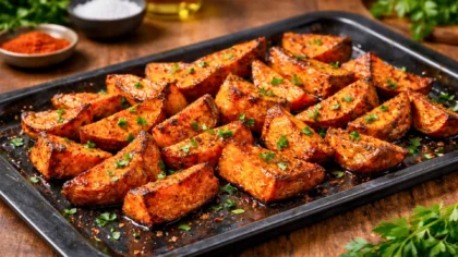 Des quartiers de patates douces rôtis au four, dorés et caramélisés, assaisonnés aux épices et parsemés d’herbes fraîches, présentés sur une plaque propre.