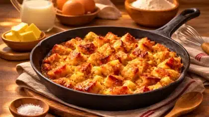 Farz Buan breton doré et croustillant servi dans une grande poêle en fonte, avec beurre, œufs et farine en arrière-plan sur table en bois.