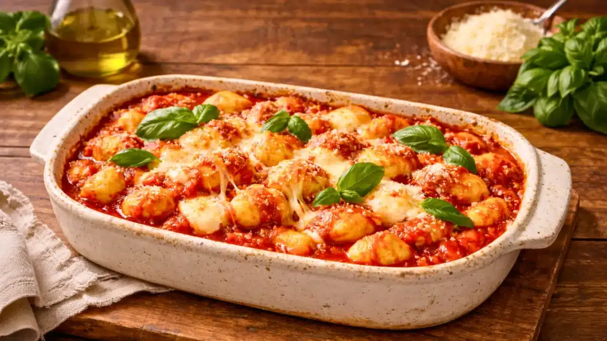Gratin de gnocchis à la ricotta nappés de sauce tomate, mozzarella fondante et basilic frais dans un plat rustique.